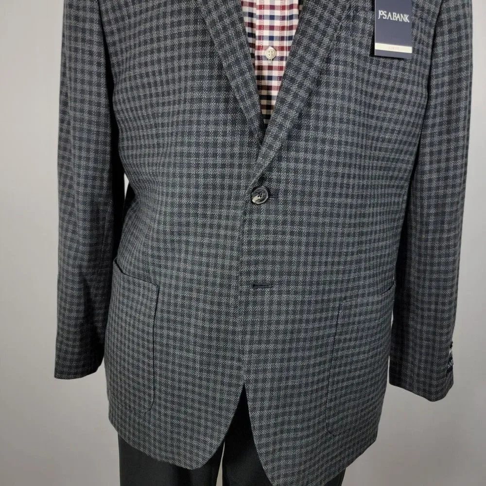 JOS A BANK Men's Sport Coat Two‎ Button Gray Black Check Wool Blend Slim Fit 46R